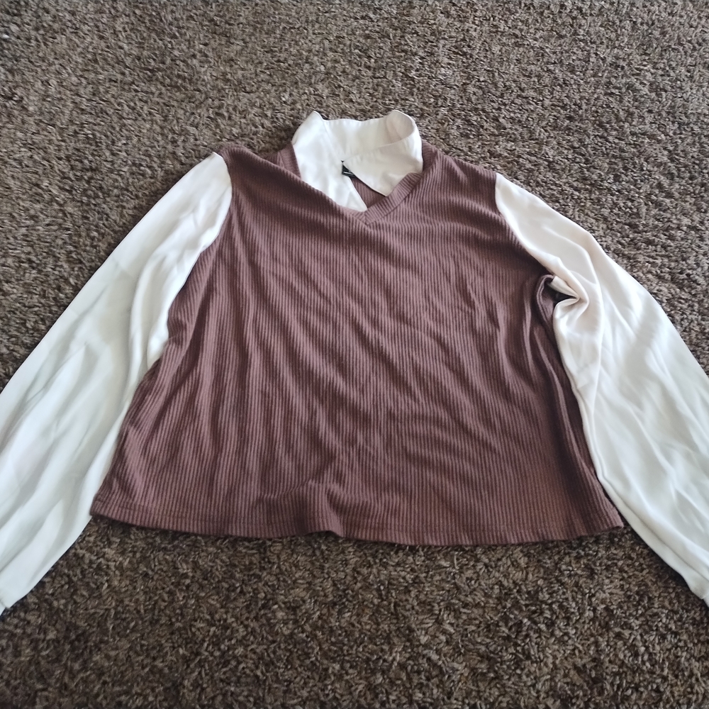 SHEIN Brown Ribbed Vest with White Sleeves